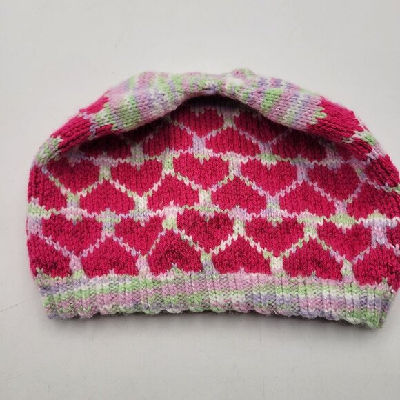 Hand Knit Handmade Hat Beanie Girls 3T - 10Y Pink Hearts Colorful  KT019 - 2 - Picture 1 of 6